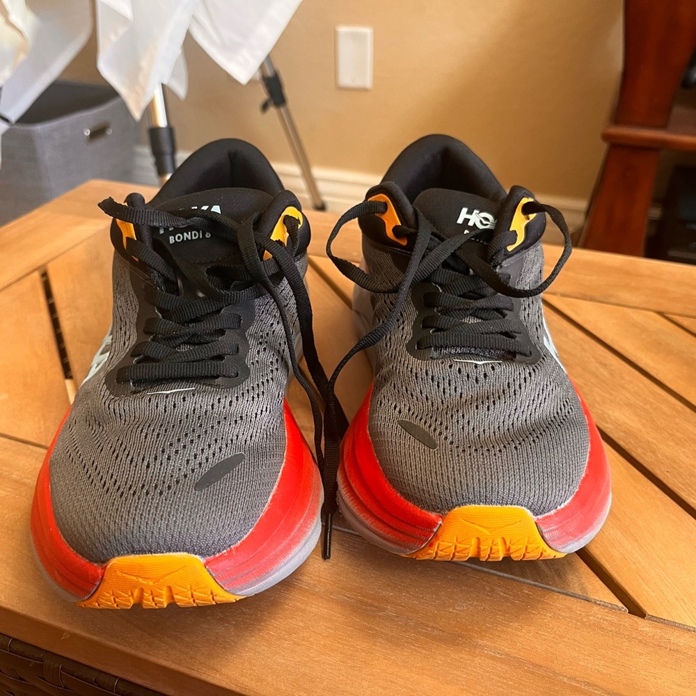 7.5B Bondi 8 Hoka Shoes - Gray, Red, and Orange